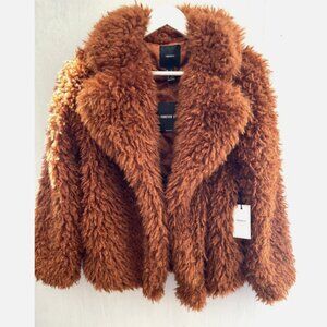 FOREVER 21 Brown Shaggy Teddy Bear Coat Jacket Collar Quilted Lining Size S NWT